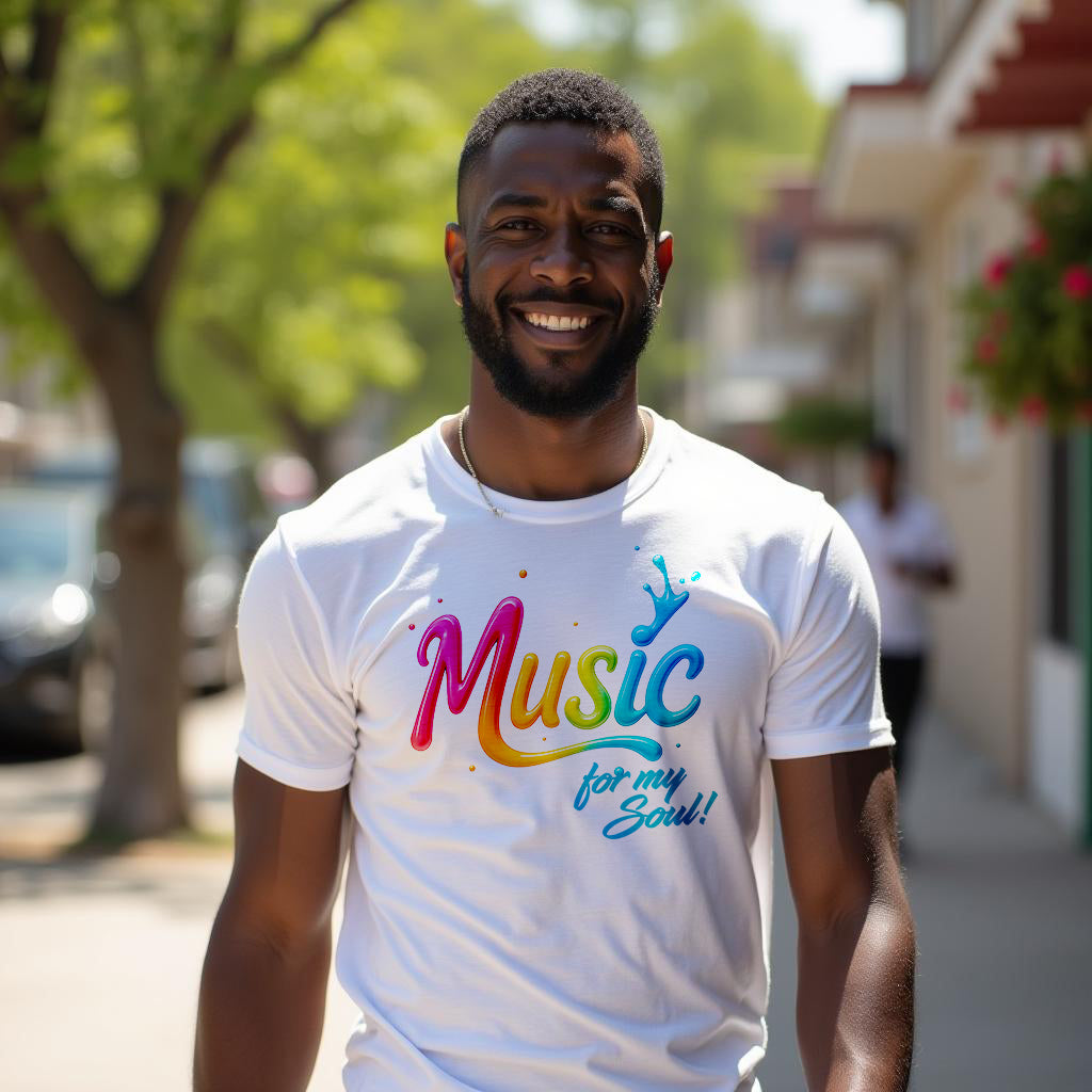 Man wearing a white t-shirt with colorful text on a street background.