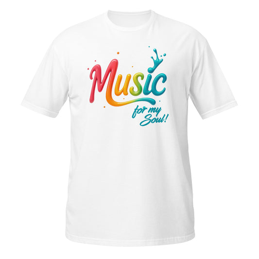 White graphic tee with "Music" text design
