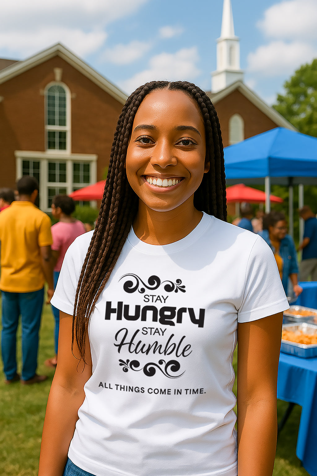 Woman wearing a white graphic t-shirt "Stay Hungry, Stay Humble".